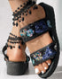 Floral Pattern Contrast Sequin Wedge Sandals black