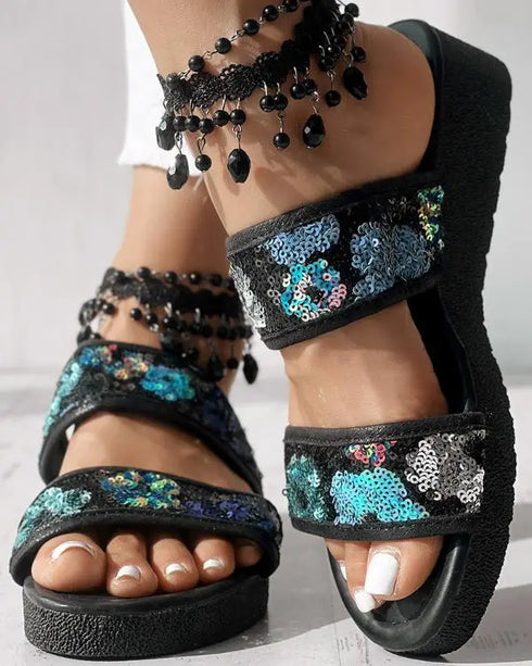 Floral Pattern Contrast Sequin Wedge Sandals black