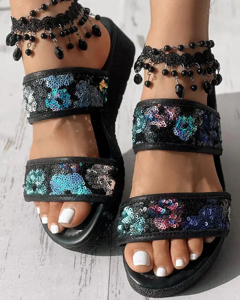 Floral Pattern Contrast Sequin Wedge Sandals black