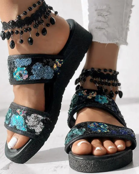 Floral Pattern Contrast Sequin Wedge Sandals black