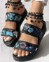 Floral Pattern Contrast Sequin Wedge Sandals black