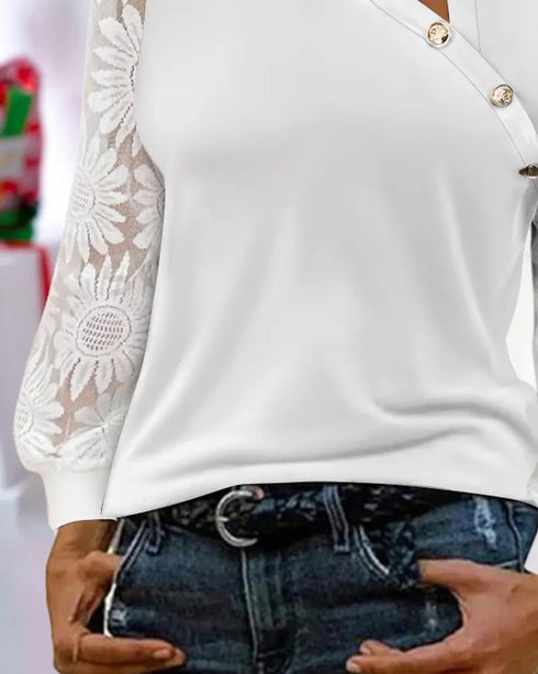 Lace Floral Open Front Long Sleeve Casual Button T-shirt white