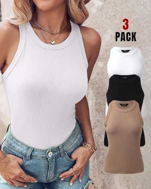 3-Pack Knit Round Neck Thick Strap Racerback Tank Tops(Without Pads) style1