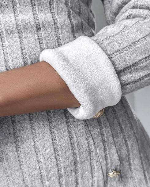 Polo V-Neck Long Sleeve Fleece Lined Bodycon Dress Slit Button Decor Ribbed Mini Dress gray