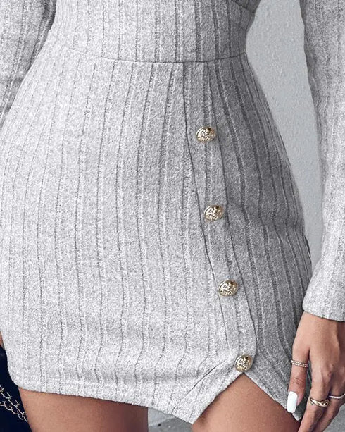 Polo V-Neck Long Sleeve Fleece Lined Bodycon Dress Slit Button Decor Ribbed Mini Dress gray