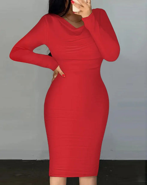 Sparkly Sequin Bowknot Decor Cowl Neck Long Sleeve Bodycon Dress Backless Party Dress red