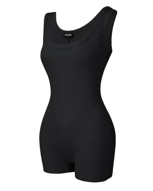 Ribbed U-Neck Yoga Romper Workout One Piece Seamless Tank Top Jumpsuit black
