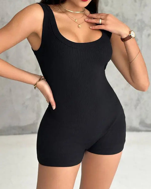 Ribbed U-Neck Yoga Romper Workout One Piece Seamless Tank Top Jumpsuit black