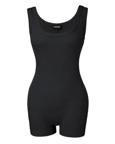 Ribbed U-Neck Yoga Romper Workout One Piece Seamless Tank Top Jumpsuit black