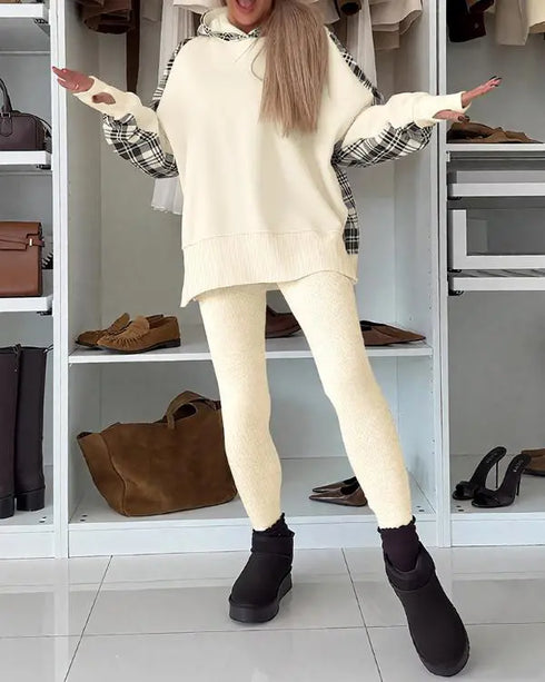 2 Pieces Outfit Plaid Print Spliced Drop Shoulder Side Slit Loose Sweatshirt with Thumb Hole Cuffs and Elastic Waist Slim Fit Ribbed Pants Set Apricot