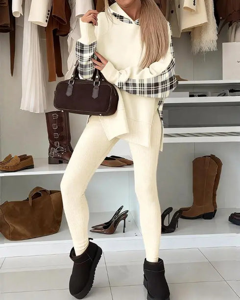 2 Pieces Outfit Plaid Print Spliced Drop Shoulder Side Slit Loose Sweatshirt with Thumb Hole Cuffs and Elastic Waist Slim Fit Ribbed Pants Set Apricot