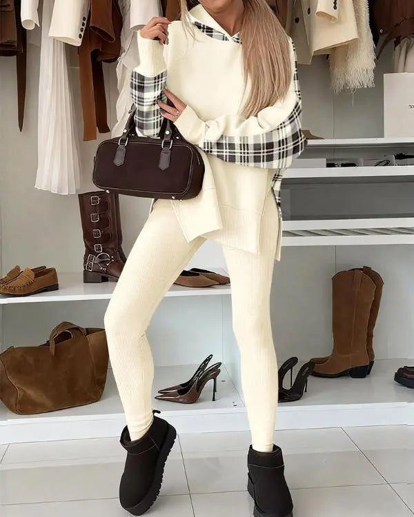 2 Pieces Outfit Plaid Print Spliced Drop Shoulder Side Slit Loose Sweatshirt with Thumb Hole Cuffs and Elastic Waist Slim Fit Ribbed Pants Set Apricot