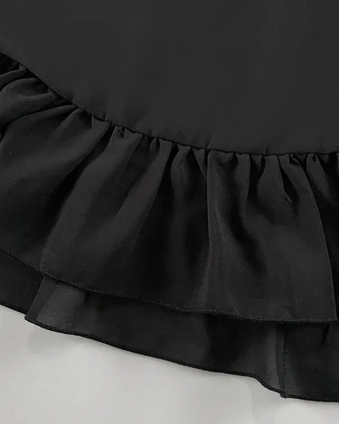 2 Pieces Outfit Keyhole Neck Bell Sleeve Top Layered Dress black