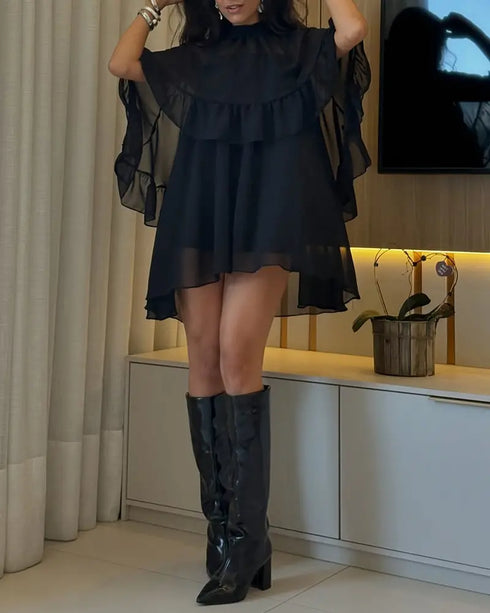 2 Pieces Outfit Keyhole Neck Bell Sleeve Top Layered Dress black