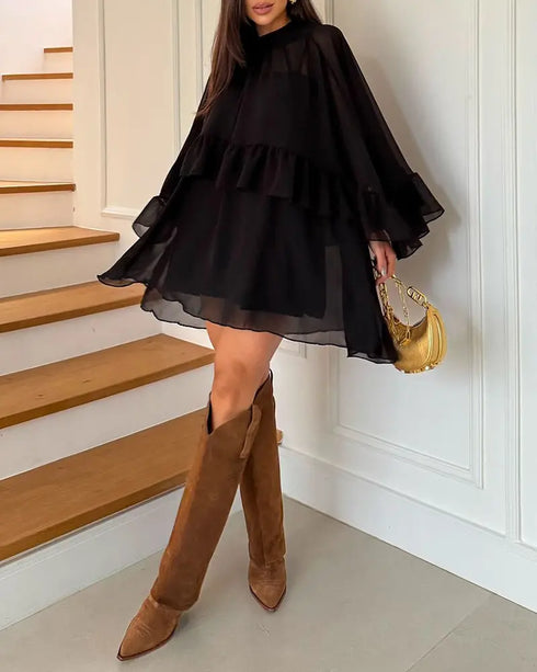 2 Pieces Outfit Keyhole Neck Bell Sleeve Top Layered Dress black