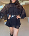 2 Pieces Outfit Keyhole Neck Bell Sleeve Top Layered Dress black