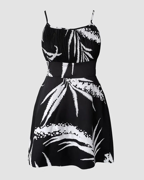 Tropical Print Cold Shoulder Spaghetti Strap Romper Ruched Backless Tied Detail Romper black