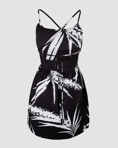 Tropical Print Cold Shoulder Spaghetti Strap Romper Ruched Backless Tied Detail Romper black