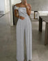 Metal Ring Decor All Over Print One Shoulder Ruched Jumpsuit Casual Pleated Wide Leg Jumpsuit gray