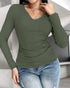 ChicMe Built-in Bra Notch Neck Long Sleeve Shirts Rib-Knit Ruched Waist Top Army green