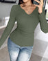 ChicMe Built-in Bra Notch Neck Long Sleeve Shirts Rib-Knit Ruched Waist Top Army green