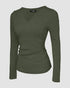ChicMe Built-in Bra Notch Neck Long Sleeve Shirts Rib-Knit Ruched Waist Top Army green