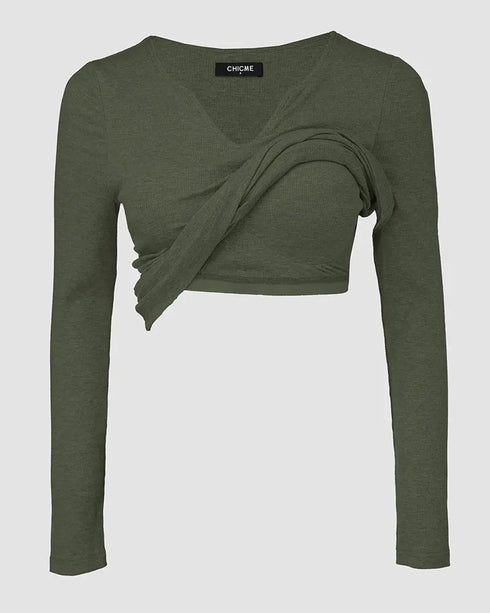 ChicMe Built-in Bra Notch Neck Long Sleeve Shirts Rib-Knit Ruched Waist Top Army green