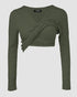 ChicMe Built-in Bra Notch Neck Long Sleeve Shirts Rib-Knit Ruched Waist Top Army green