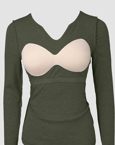 ChicMe Built-in Bra Notch Neck Long Sleeve Shirts Rib-Knit Ruched Waist Top Army green
