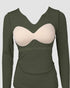 ChicMe Built-in Bra Notch Neck Long Sleeve Shirts Rib-Knit Ruched Waist Top Army green