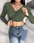ChicMe Built-in Bra Notch Neck Long Sleeve Shirts Rib-Knit Ruched Waist Top Army green