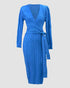 Cable Textured Overlap Deep V-Neck Long Sleeve Mid-Length Dress Tie Waist Slim Fit Knit Dress blue