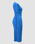 Cable Textured Overlap Deep V-Neck Long Sleeve Mid-Length Dress Tie Waist Slim Fit Knit Dress blue