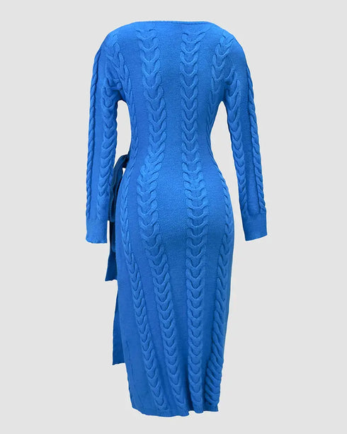 Cable Textured Overlap Deep V-Neck Long Sleeve Mid-Length Dress Tie Waist Slim Fit Knit Dress blue