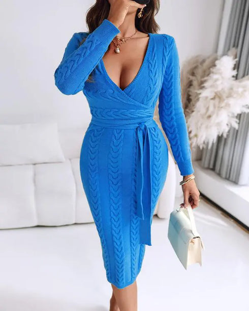 Cable Textured Overlap Deep V-Neck Long Sleeve Mid-Length Dress Tie Waist Slim Fit Knit Dress blue
