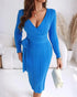 Cable Textured Overlap Deep V-Neck Long Sleeve Mid-Length Dress Tie Waist Slim Fit Knit Dress blue