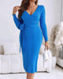 Cable Textured Overlap Deep V-Neck Long Sleeve Mid-Length Dress Tie Waist Slim Fit Knit Dress blue