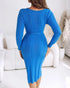 Cable Textured Overlap Deep V-Neck Long Sleeve Mid-Length Dress Tie Waist Slim Fit Knit Dress blue