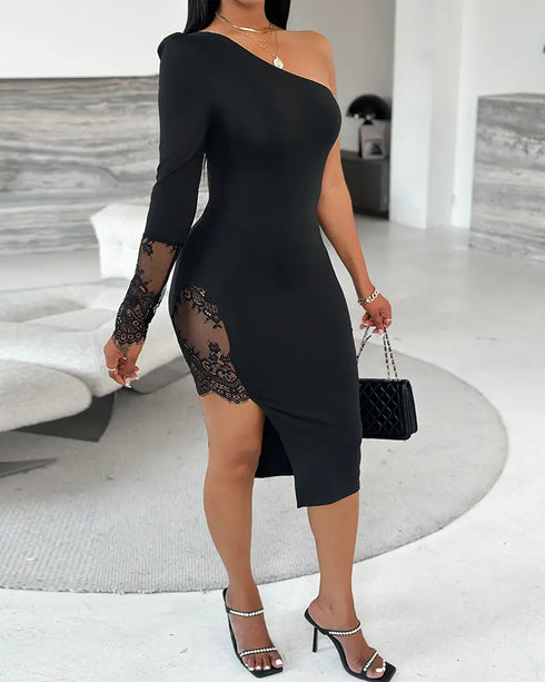 Womens One Shoulder Lace Insert Slit Bodycon Dress Cocktail Partywear black