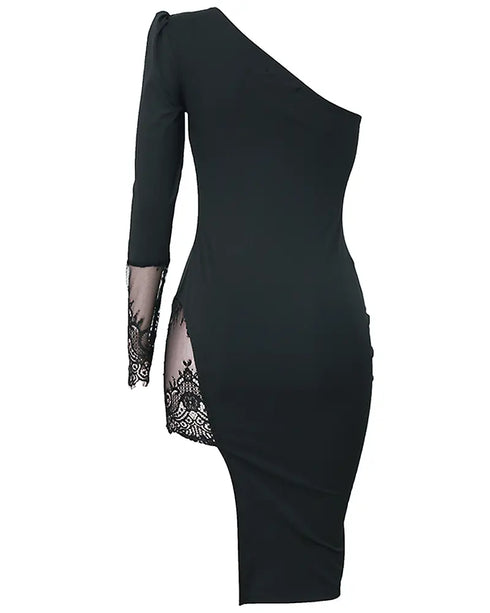 Womens One Shoulder Lace Insert Slit Bodycon Dress Cocktail Partywear black