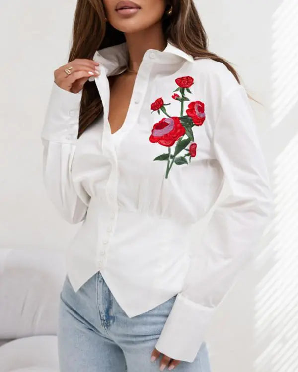 Embroidery Floral Pattern Button Down Asymmetrical Hem Shirt Top white
