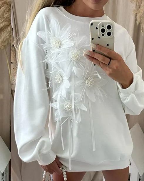 Mesh Floral Pattern Beaded Sweatshirt Drop Shoulder Pullover Casual Dress white