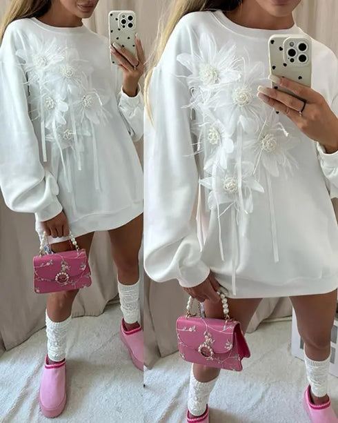 Mesh Floral Pattern Beaded Sweatshirt Drop Shoulder Pullover Casual Dress white