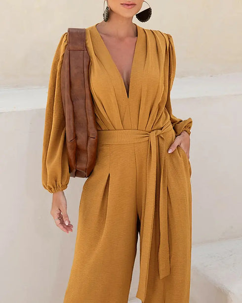 Deep V Neck 3D Design Tie Waist Ruched Overalls Casual Cinched Waist Zipper Back Textured Jumpsuit with Belt brown