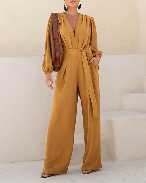 Deep V Neck 3D Design Tie Waist Ruched Overalls Casual Cinched Waist Zipper Back Textured Jumpsuit with Belt brown