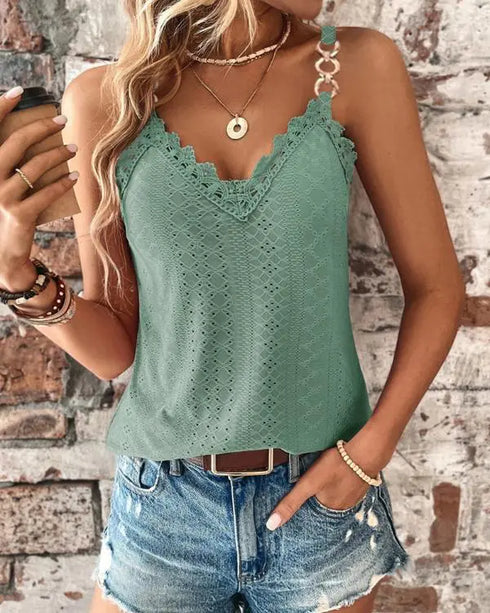 Chain Decor Eyelet Embroidery Lace Patch Tank Top green