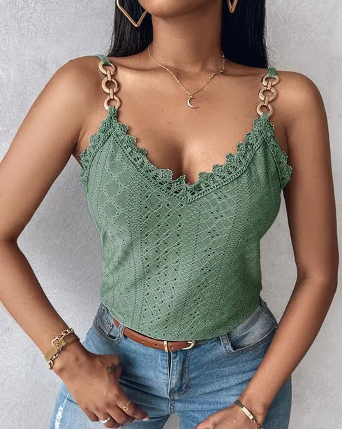 Chain Decor Eyelet Embroidery Lace Patch Tank Top green