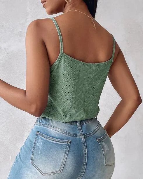 Chain Decor Eyelet Embroidery Lace Patch Tank Top green