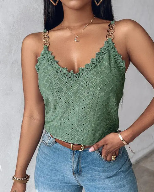 Chain Decor Eyelet Embroidery Lace Patch Tank Top green