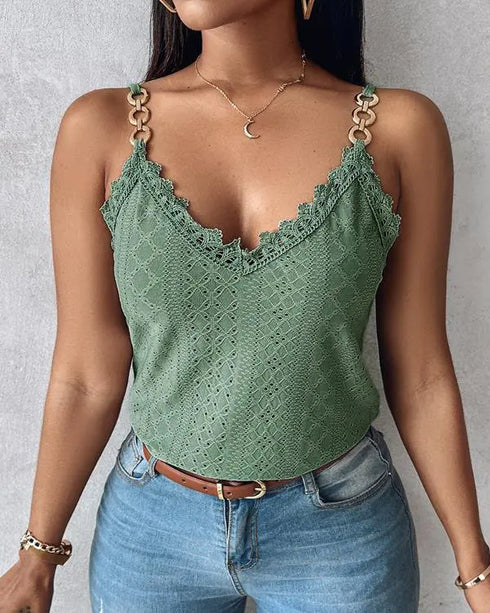 Chain Decor Eyelet Embroidery Lace Patch Tank Top green